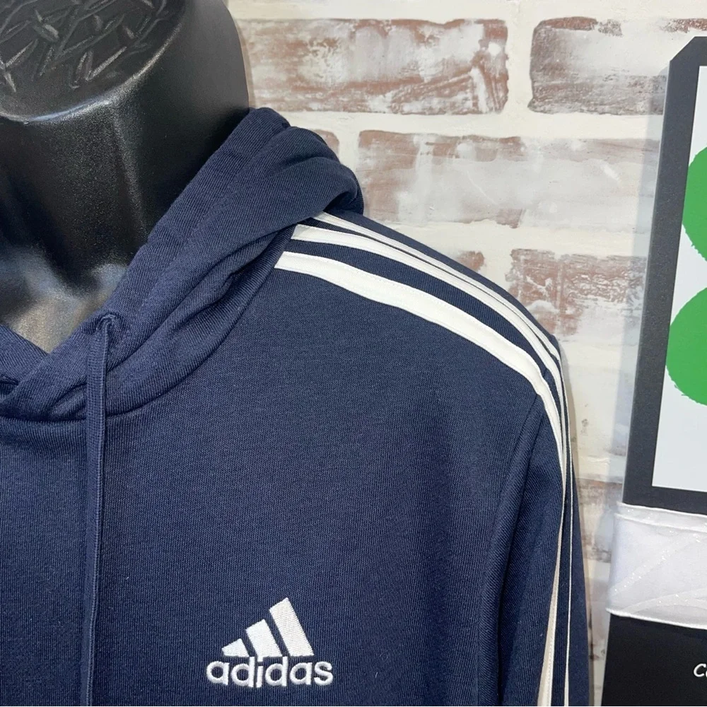 Adidas Men's Dark Blue Hoodie with White Stripes medium
